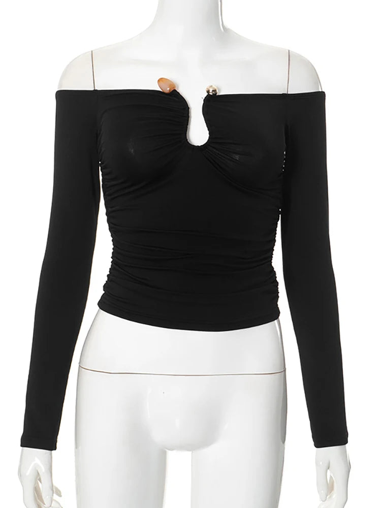 VILZSTUDIOS Black Sexy Off Shoulder Hollow T-Shirt