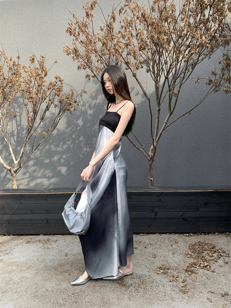 VILZSTUDIOS Elegant Ink Print Summer Maxi Dress