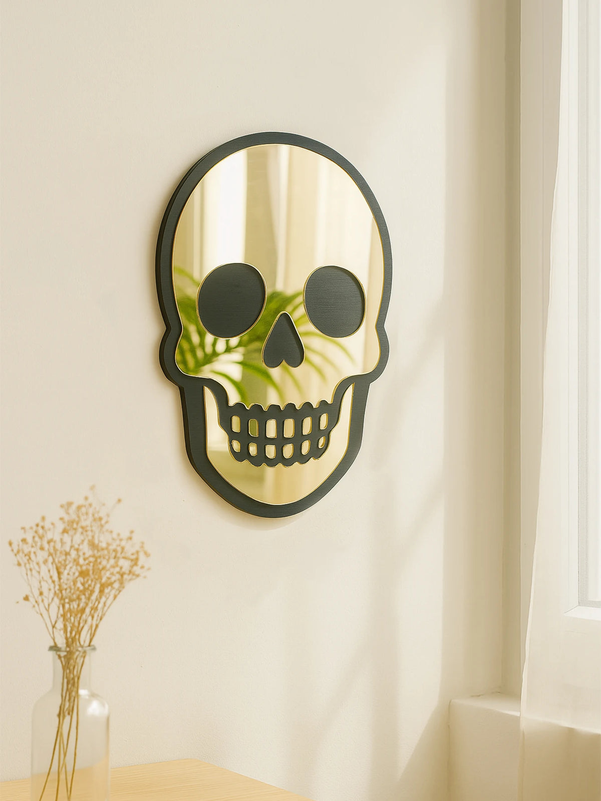 VILZSTUDIOS Halloween Skull Shaped Acrylic Wall Mirror Black Frame Wall Hanging Golden Decorative Mirror for Home Living Room & Bedroom Gift