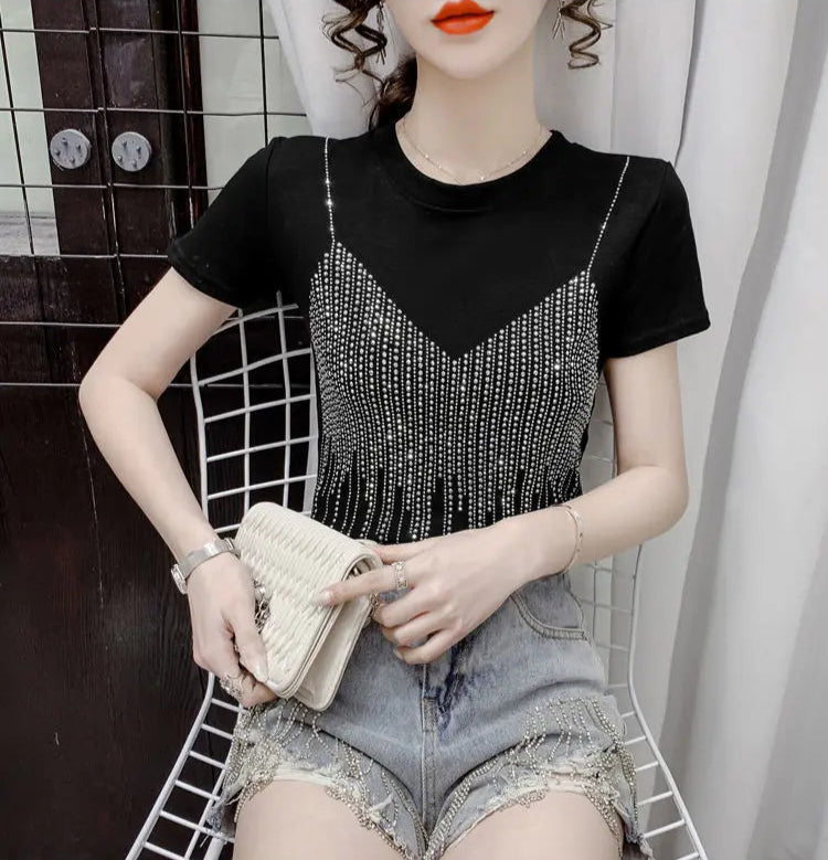 VILZSTUDIOS Shiny Diamond Sequin Slim Fit T-Shirt