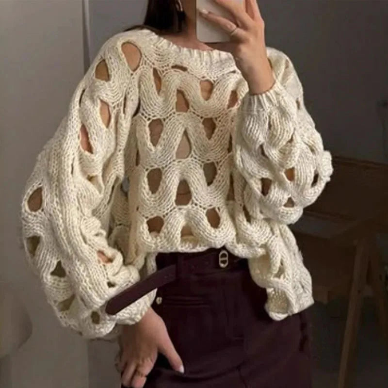 VILZSTUDIOS Chic Hollow Out Crew Neck Sweater