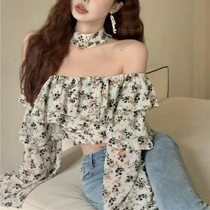 VILZSTUDIOS Retro Floral Ruffled Cropped Chiffon Blouse