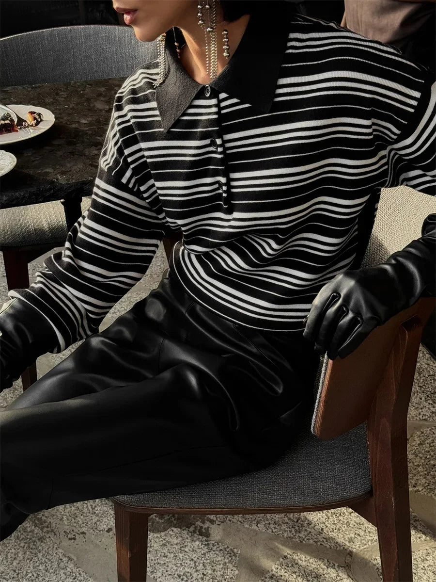 VILZSTUDIOS Retro Striped Knitted Polo Top