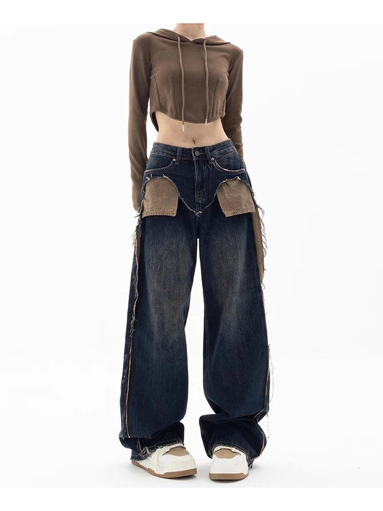 VILZSTUDIOS High Waist Patchwork Wide Leg Jeans