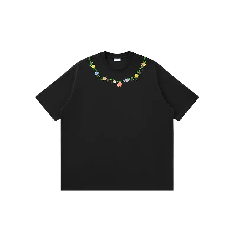 VILZSTUDIOS Oversized Floral Chain Embroidered Loose T-Shirt