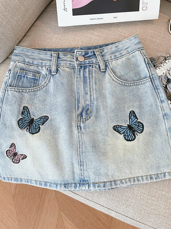 Korean Diamond Butterfly Embroidered High-Waist Skirt