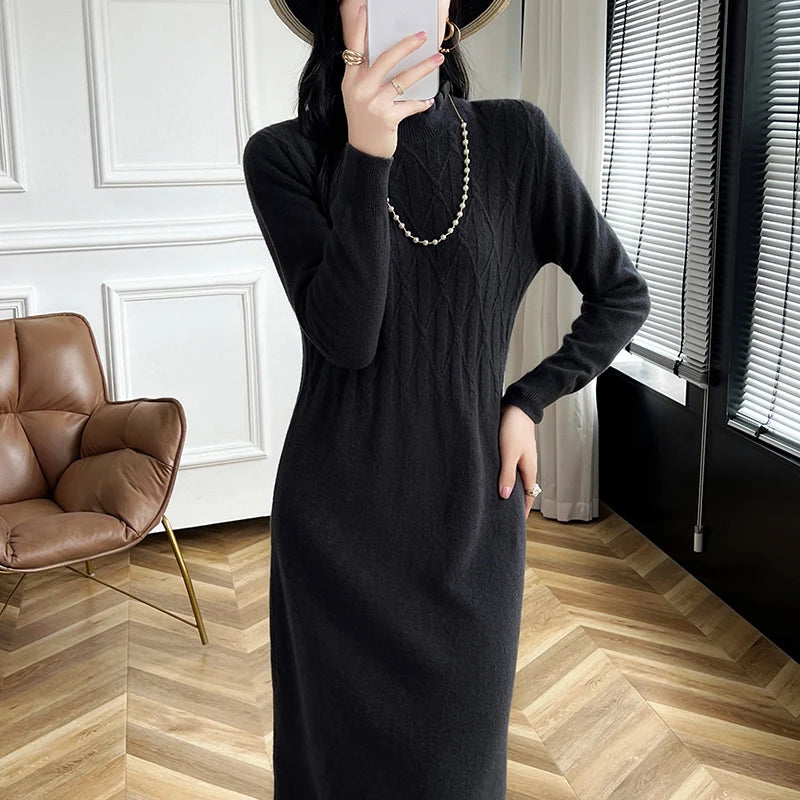 VILZSTUDIOS Cozy Wool High Neck Knitted Midi Dress