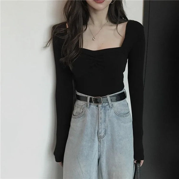 Tight Square Neck Long Sleeve Top