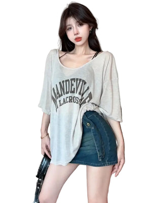 VILZSTUDIOS Sheer Letter Printed Loose T-Shirt