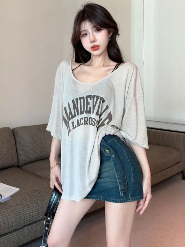 Sheer Letter Printed Loose T-Shirt