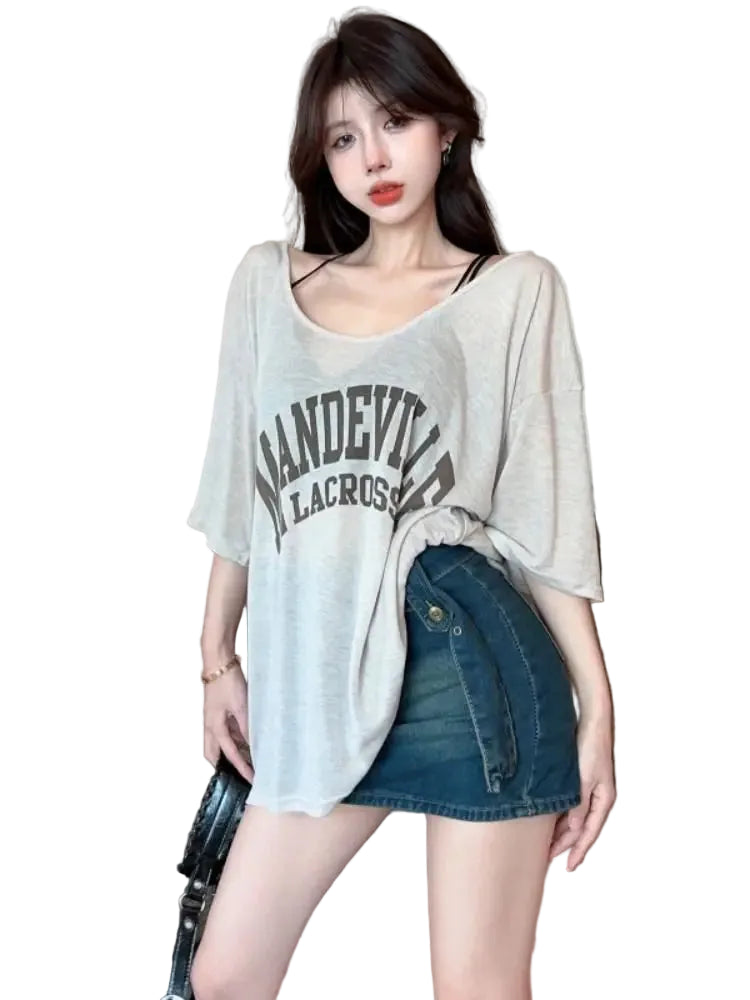 VILZSTUDIOS Sheer Letter Printed Loose T-Shirt