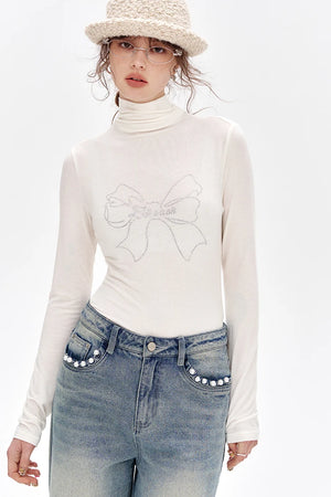 VILZSTUDIOS Sequined Bowknot Turtleneck Slim Top