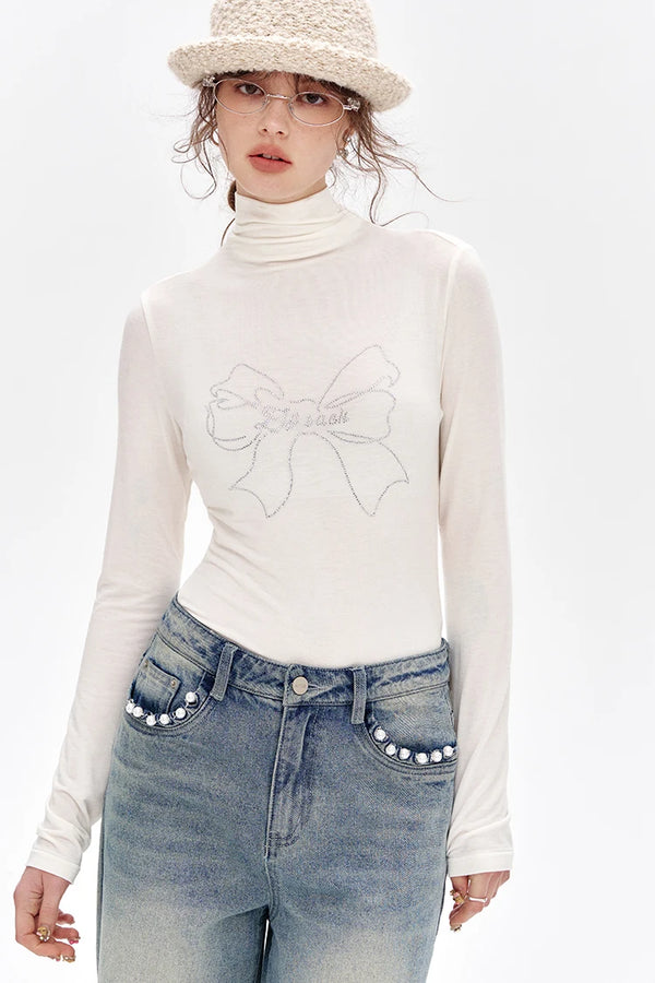 Sequined Bowknot Turtleneck Slim Top