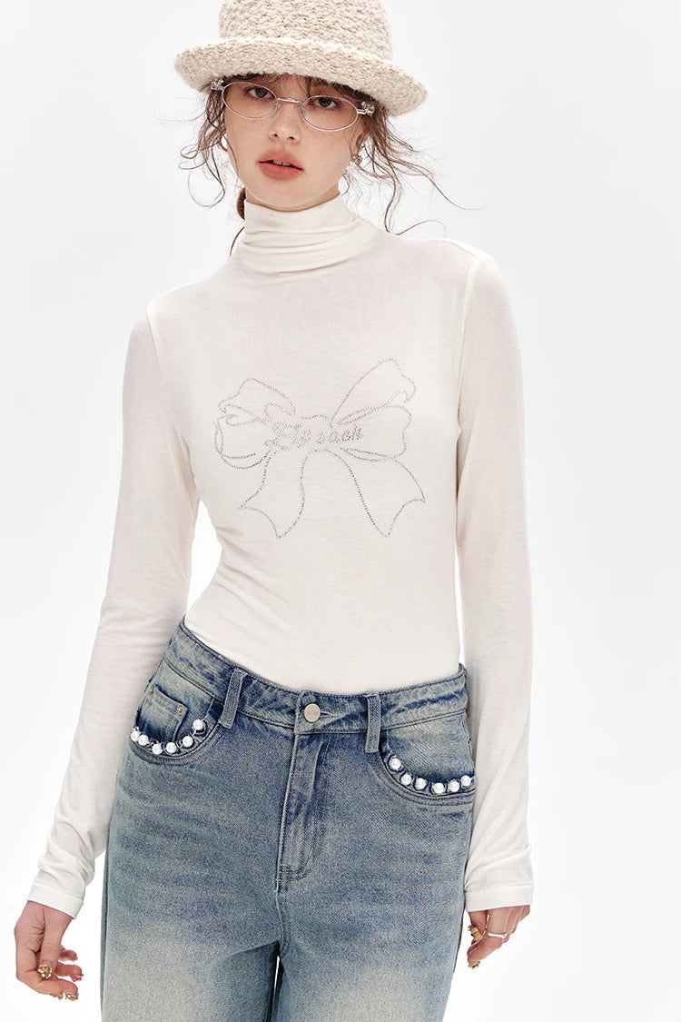 VILZSTUDIOS Sequined Bowknot Turtleneck Slim Top