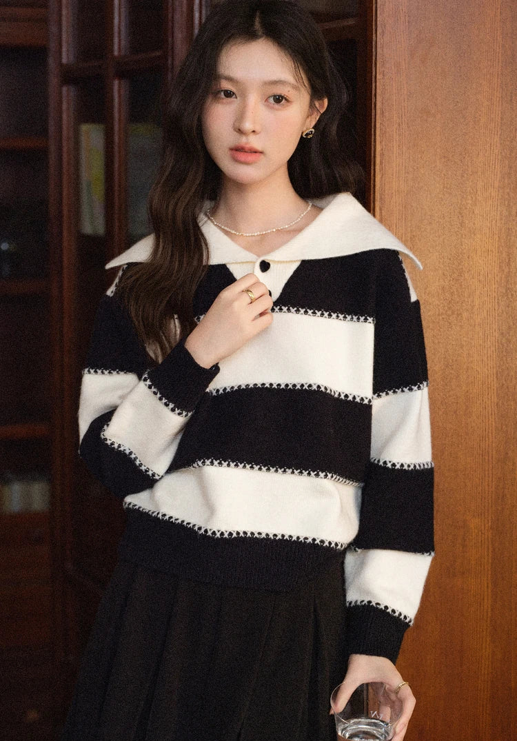 VILZSTUDIOS Striped Patchwork Buttoned Knit Sweater