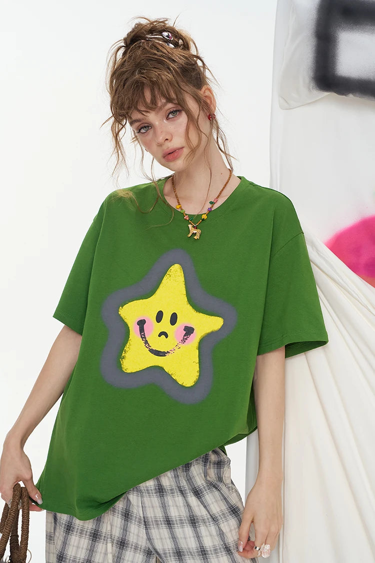 VILZSTUDIOS Smiley Star Print Short Sleeve Casual T-Shirt