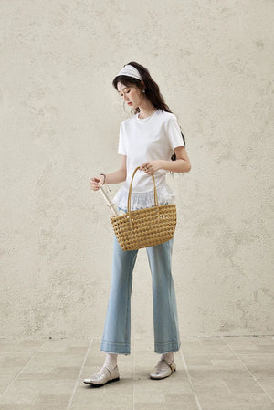 VILZSTUDIOS Versatile Lace Hem Splicing Round T-Shirt