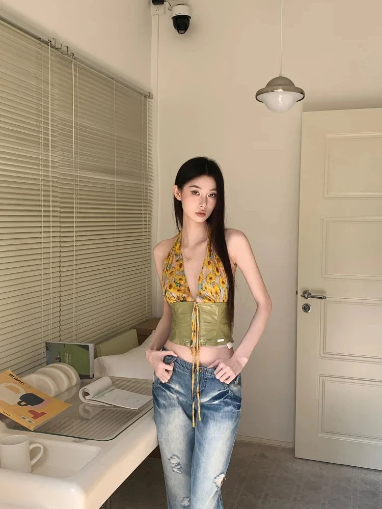 VILZSTUDIOS Yellow Daisies Front Tie Halter Crop Top