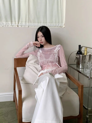 VILZSTUDIOS Pink Lace Print Mesh Long Sleeve Top