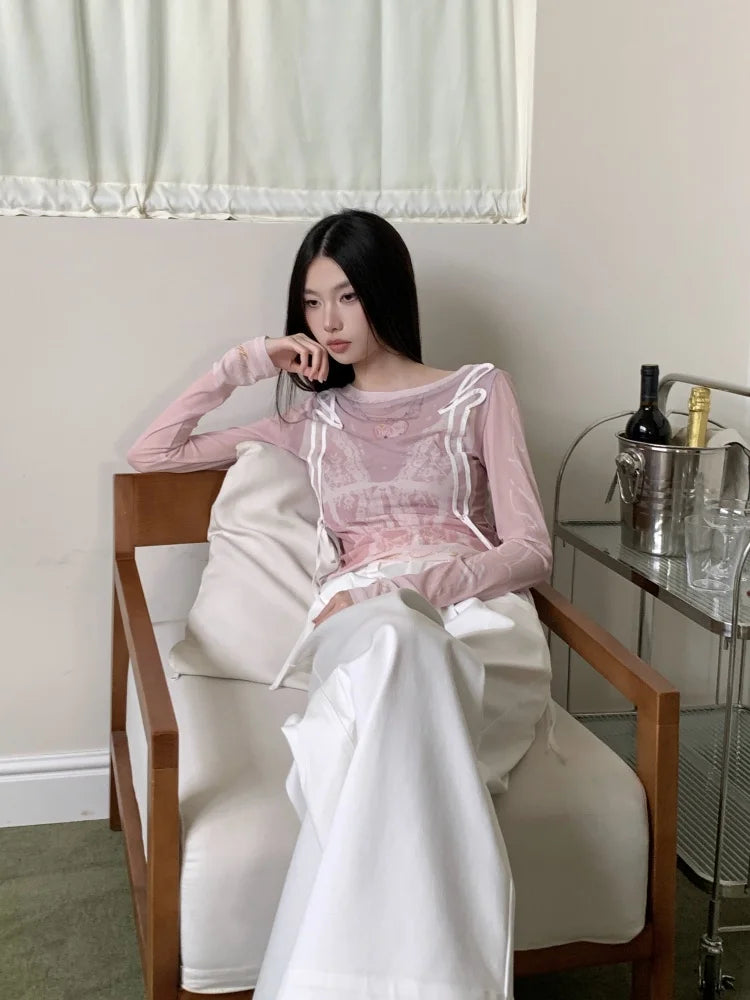 VILZSTUDIOS Pink Lace Print Mesh Long Sleeve Top