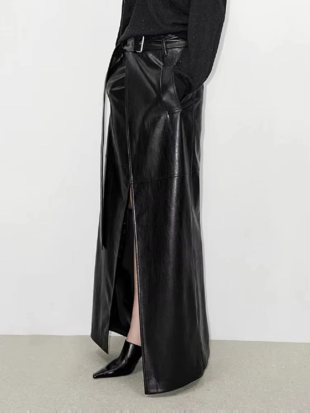 VILZSTUDIOS Shiny Black PU Leather High Waist Skirts