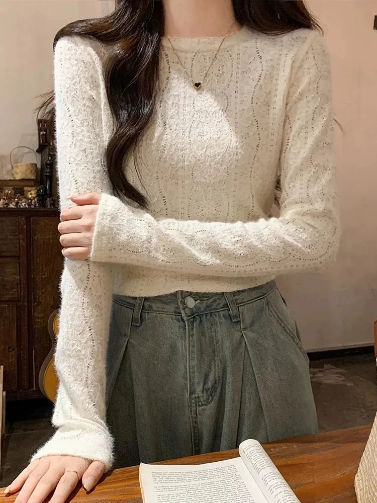 VILZSTUDIOS Lace Hollow Out Slim Long Sleeve Top