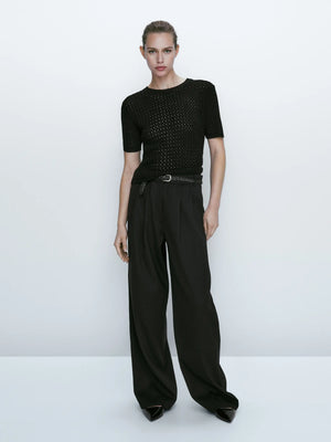 VILZSTUDIOS Black Knitted Hollowed Out T-Shirt