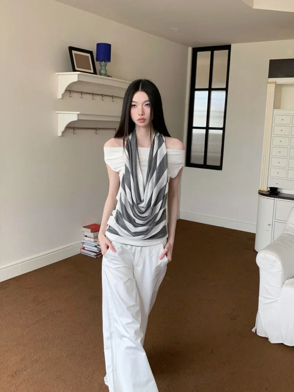 White Patchwork Halter Neck T-Shirt