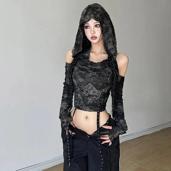 Gothic Hollow Out Hooded Long Sleeve Top