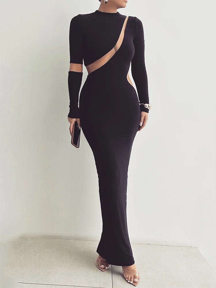 VILZSTUDIOS Patchwork Hollow Out Turtleneck Maxi Dress