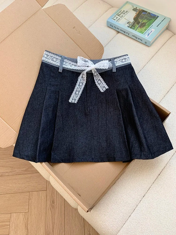 High Street Lace Pleated Denim Skirt