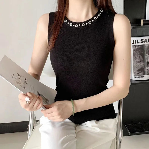 Chic Sleeveless Sequined Round Neck Knit Sweater