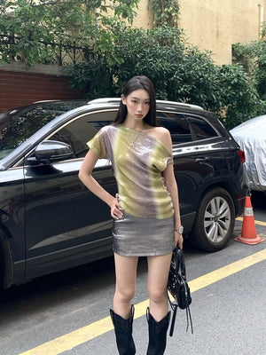 VILZSTUDIOS Gradient Sequin Off Shoulder Blouse & Silver Mini Skirt