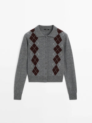 VILZSTUDIOS Grey Polo Collar Knitted Cardigan