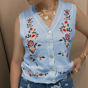 VILZSTUDIOS Cozy Knit Floral Embroidered V-Neck Vest