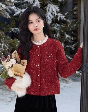 VILZSTUDIOS Red Lace Collar Cashmere Cardigan