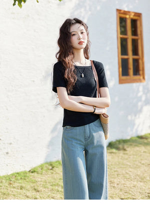 VILZSTUDIOS Pearl Buckle Knitted Short Sleeve T-Shirt