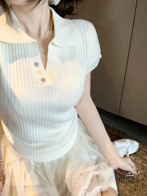 Chic Pleated Lapel T-Shirt