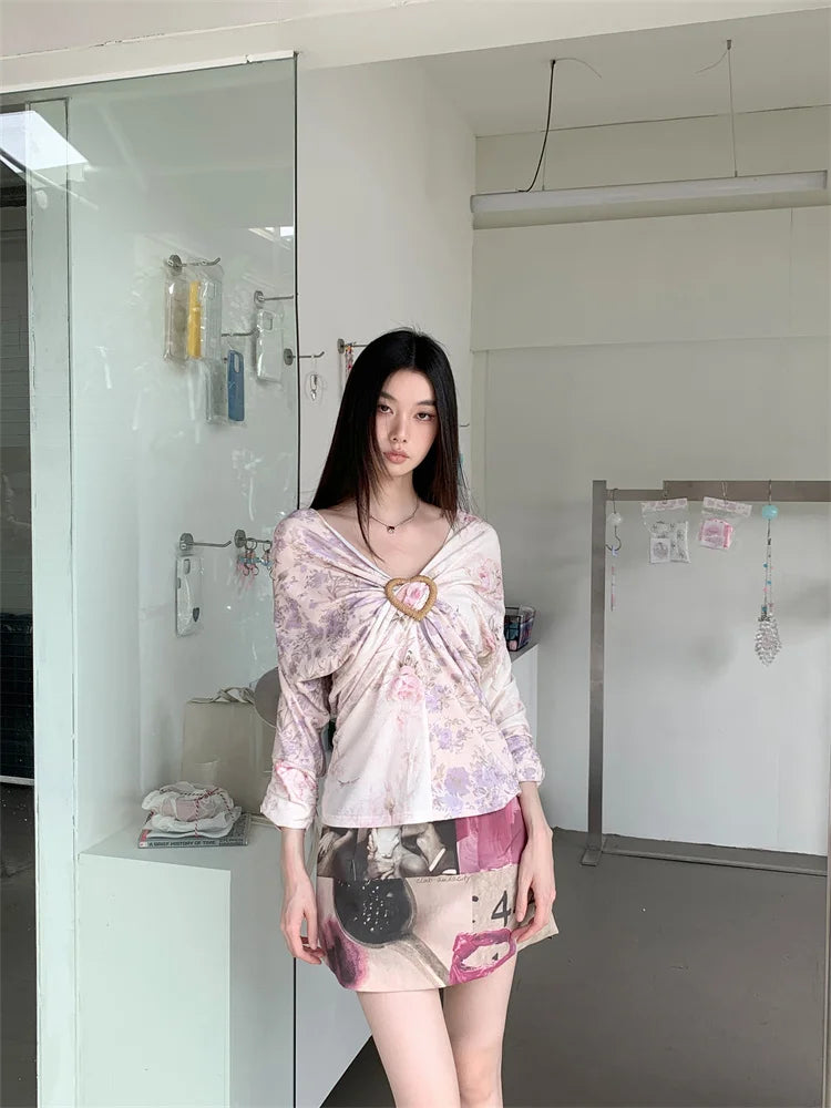 VILZSTUDIOS Floral Batwing Heart Ruched Blouse
