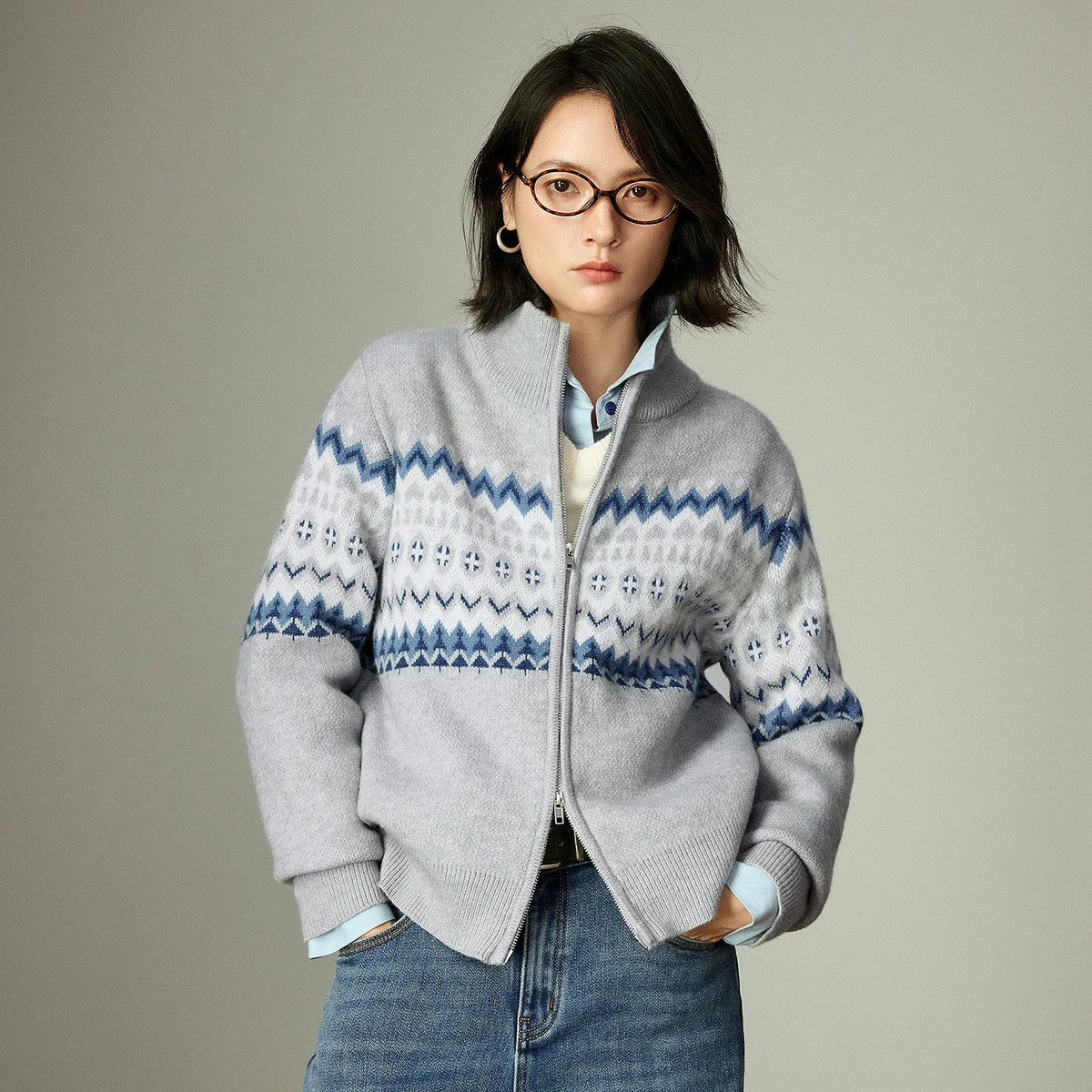 VILZSTUDIOS Vintage Nordic Stand Collar Cardigan