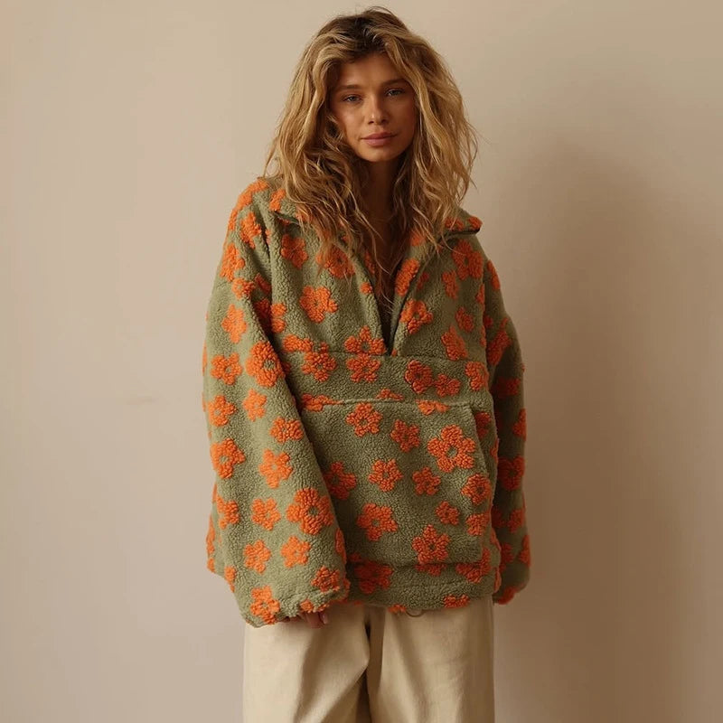 VILZSTUDIOS Cozy Zipped Flowers Print Sweater