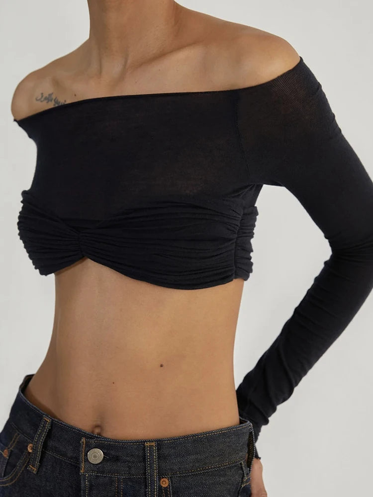VILZSTUDIOS Sexy Mesh Off Shoulder Ruched T-Shirt