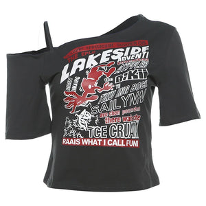 VILZSTUDIOS Gothic Letter Print Cropped Off Shoulder T-Shirt