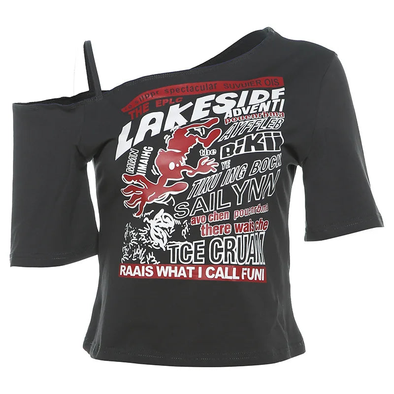 VILZSTUDIOS Gothic Letter Print Cropped Off Shoulder T-Shirt
