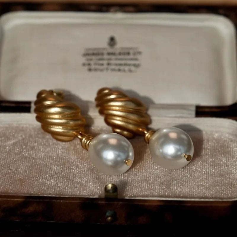 VILZSTUDIOS Gold Pearl Geometric Drop Earrings