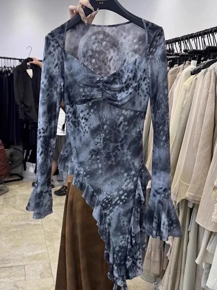 VILZSTUDIOS Sexy Irregular Ruffled Tie Dye Shirt