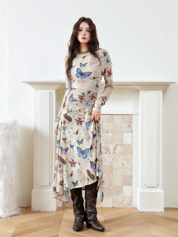 Butterfly Print Off Shoulder Mesh Dress