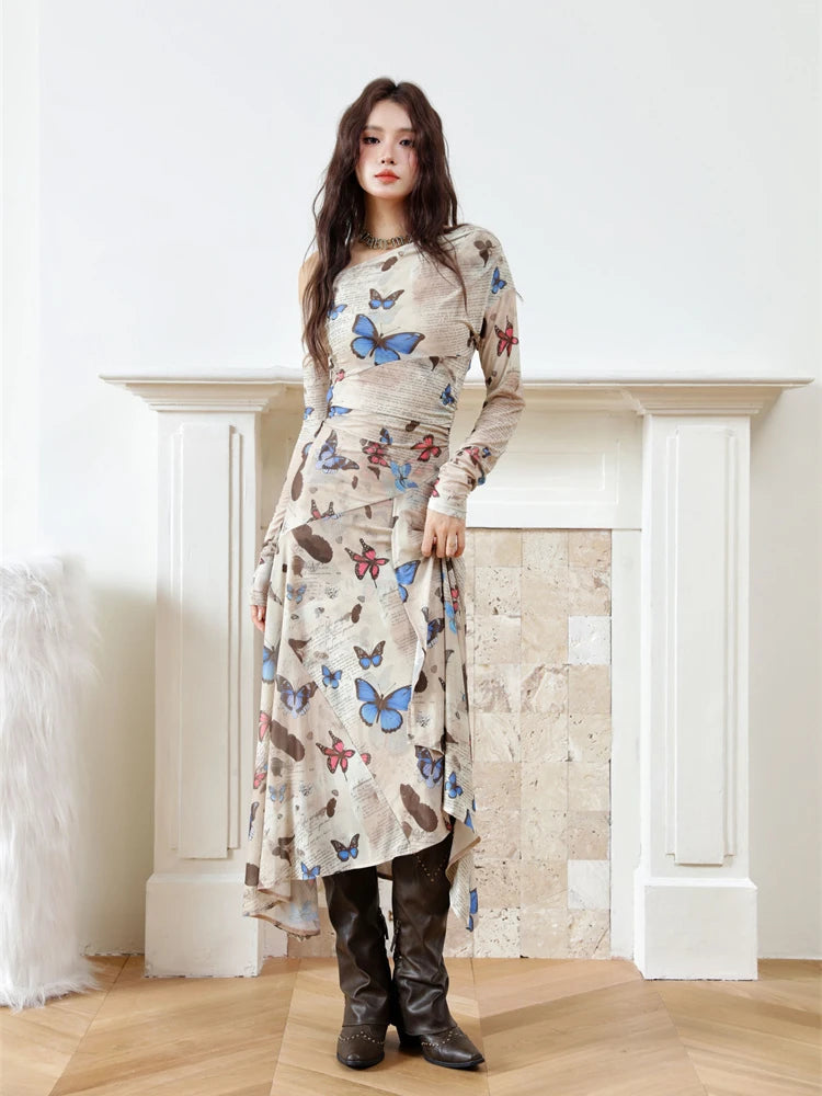 VILZSTUDIOS Butterfly Print Off Shoulder Mesh Dress