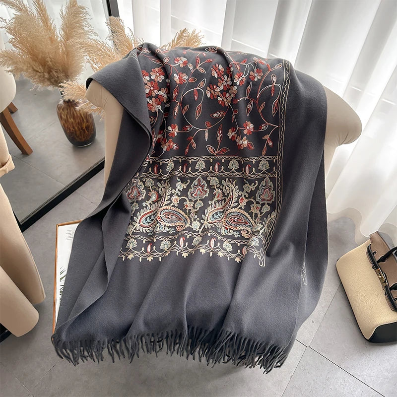 VILZSTUDIOS New Luxury Design Winter Embroidery Cashmere Scarves High Quality Women Thicken Wrap Shawl Ladies Warm Wool Pashmina Scarf