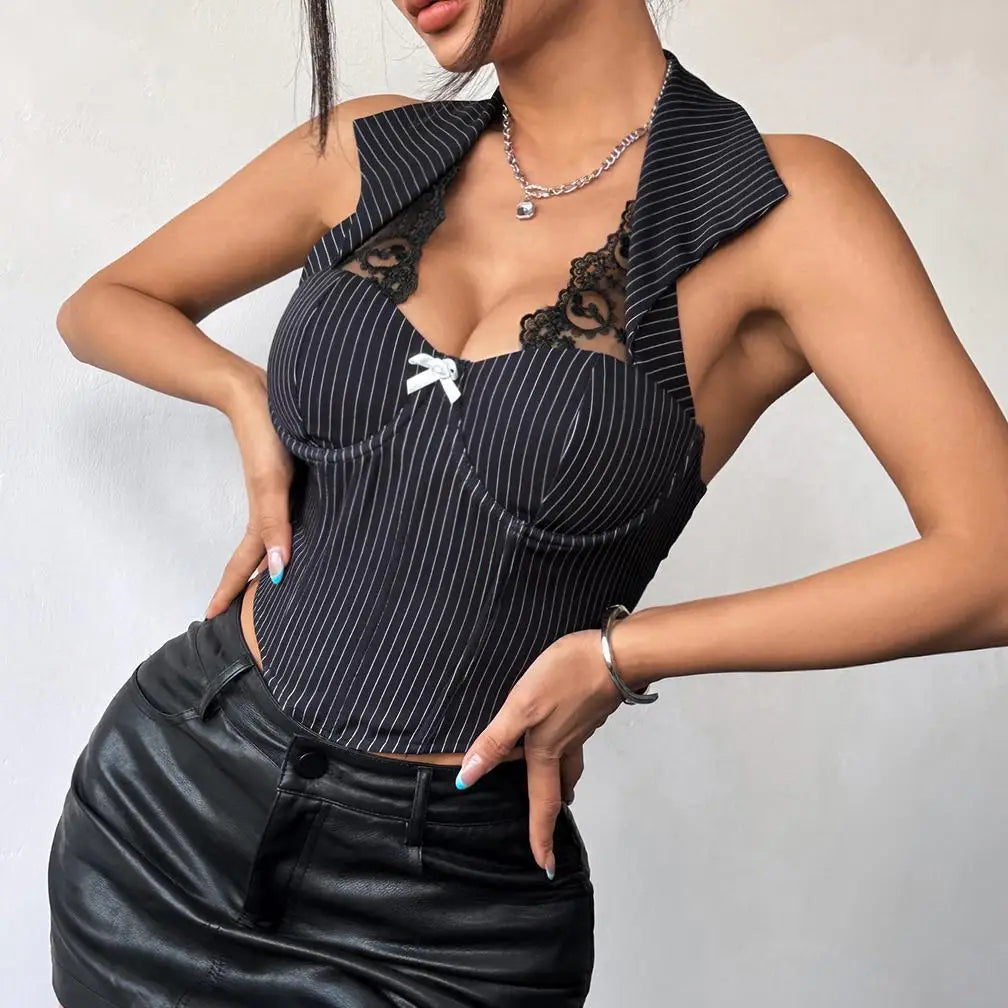 VILZSTUDIOS Black Striped Halter Top